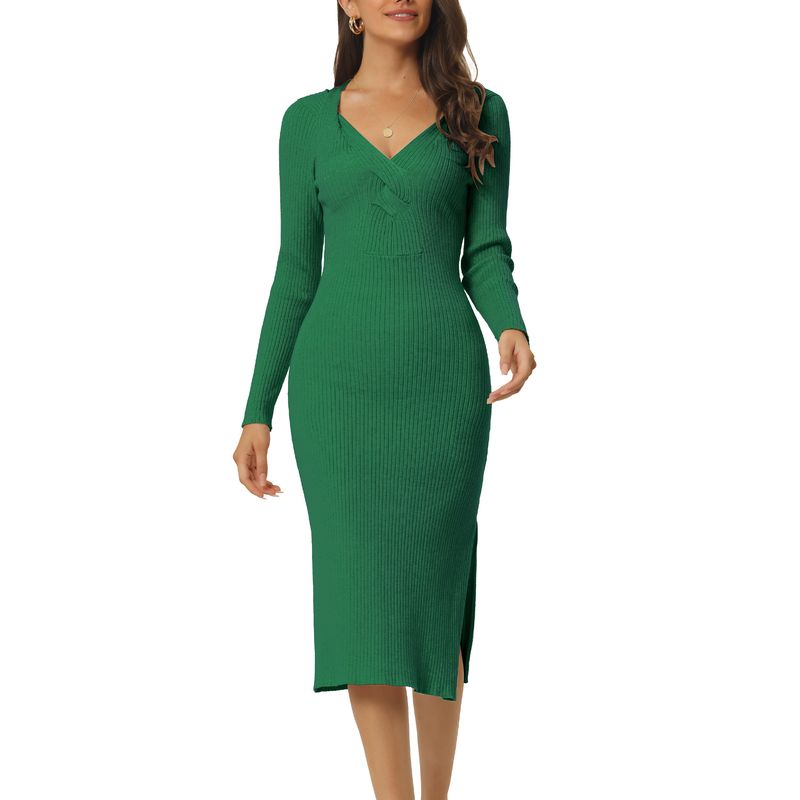 Green Ribbed V-Neck Long Sleeve Midi Dress